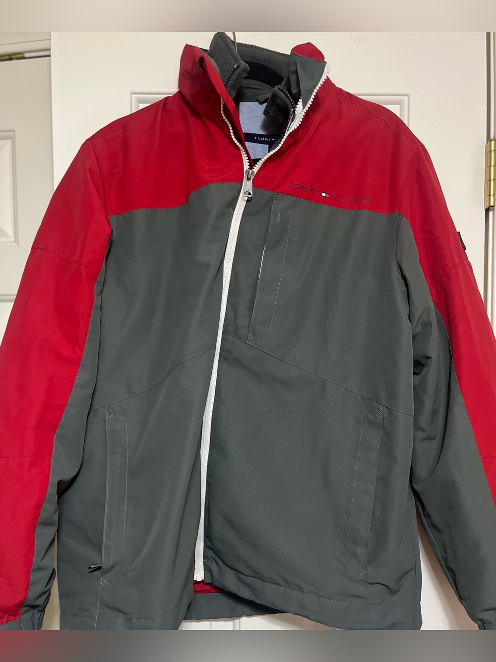 Tommy Hilfiger Red and Gray Zip Up Jacket raincoat with zip out fleece- M